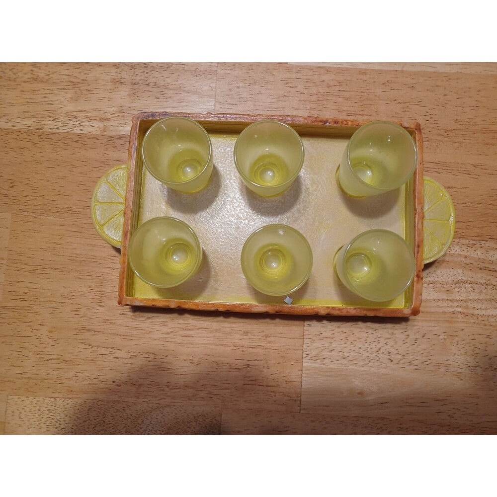 Vintage Limoncello 6 Lemon Yellow Frosted Shot Glasses & Ornate Tray